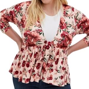 + Torrid peach floral tie front jersey knit  baby doll jacket